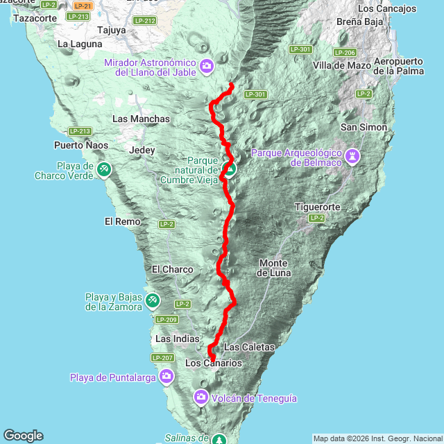 Mapa del sendero: Fuencaliente/Los Canarios - Ruta de los Volcanes - Refugio del Pilar Mapa del sendero: Fuencaliente/Los Canarios - Ruta de los Volcanes - Refugio del Pilar